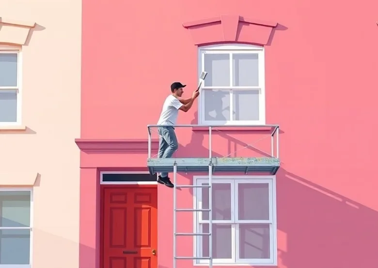 Peintre sur échafaudage traitant la façade d'une maison